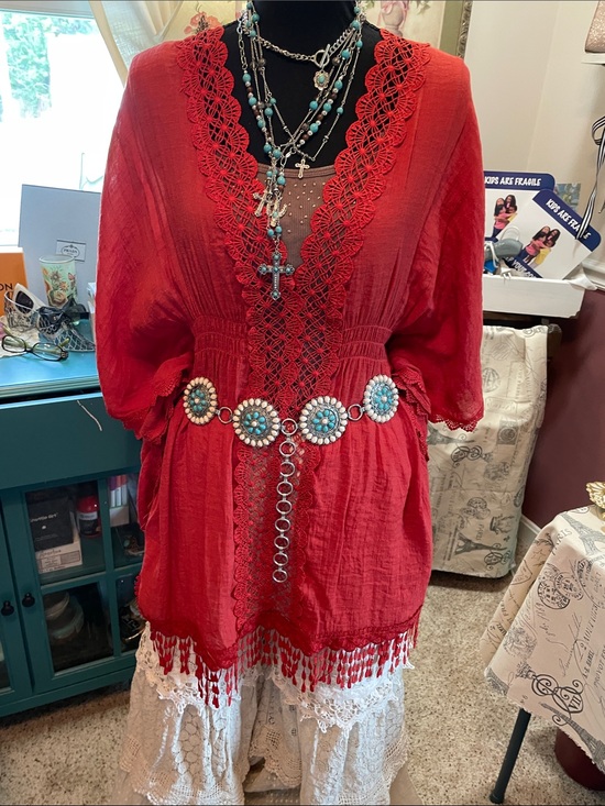 Time and Tru Tops - Boho Lace-Trim Rust Women's Top with Tassel Hem